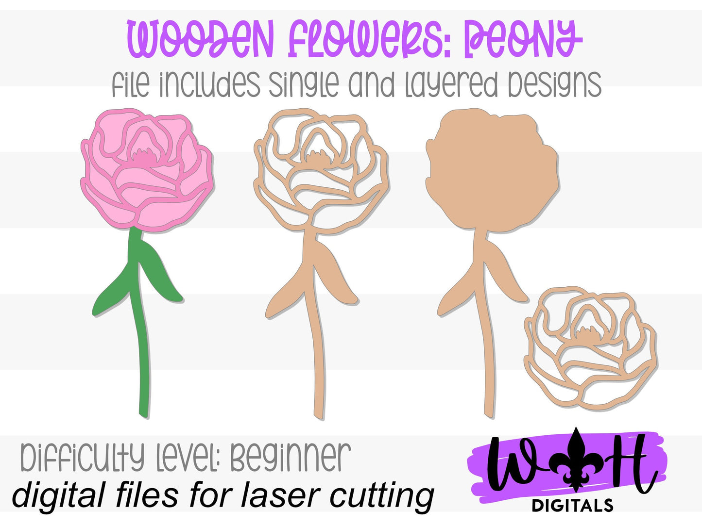 Peony Wooden Laser Cut Flowers - Simple Diy Florals For Bouquets - Files for Sign Making - SVG Cut File For Glowforge - Digital File