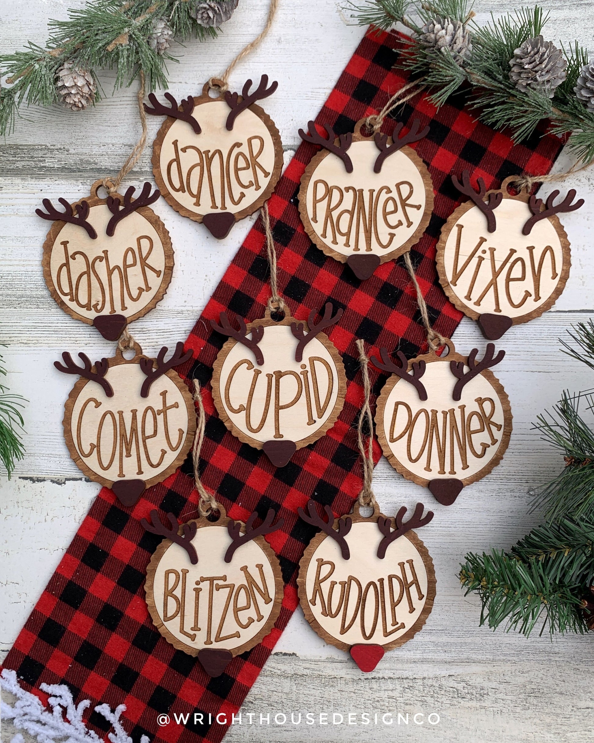 Reindeer Name Wood Slice Rustic Christmas Layered Ornament Set - Quick Cut and Engrave - Cut File For Glowforge Lasers - Digital SVG File