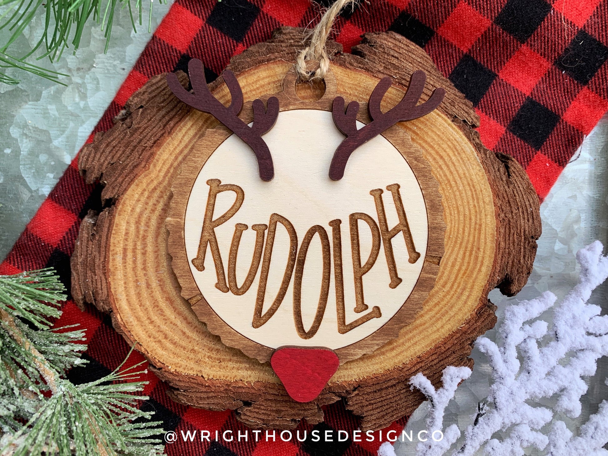 Reindeer Name Wood Slice Rustic Christmas Layered Ornament Set - Quick Cut and Engrave - Cut File For Glowforge Lasers - Digital SVG File