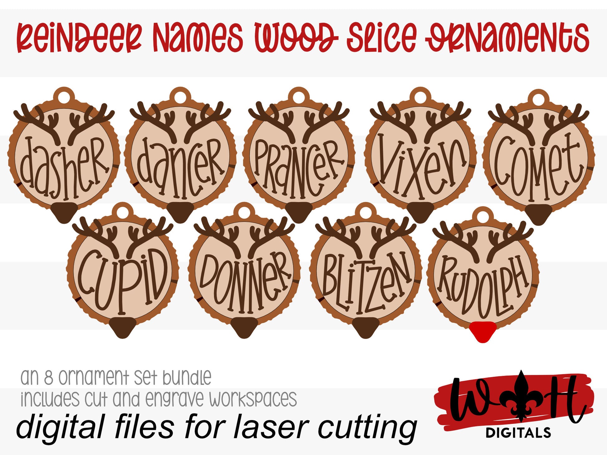 Reindeer Name Wood Slice Rustic Christmas Layered Ornament Set - Quick Cut and Engrave - Cut File For Glowforge Lasers - Digital SVG File