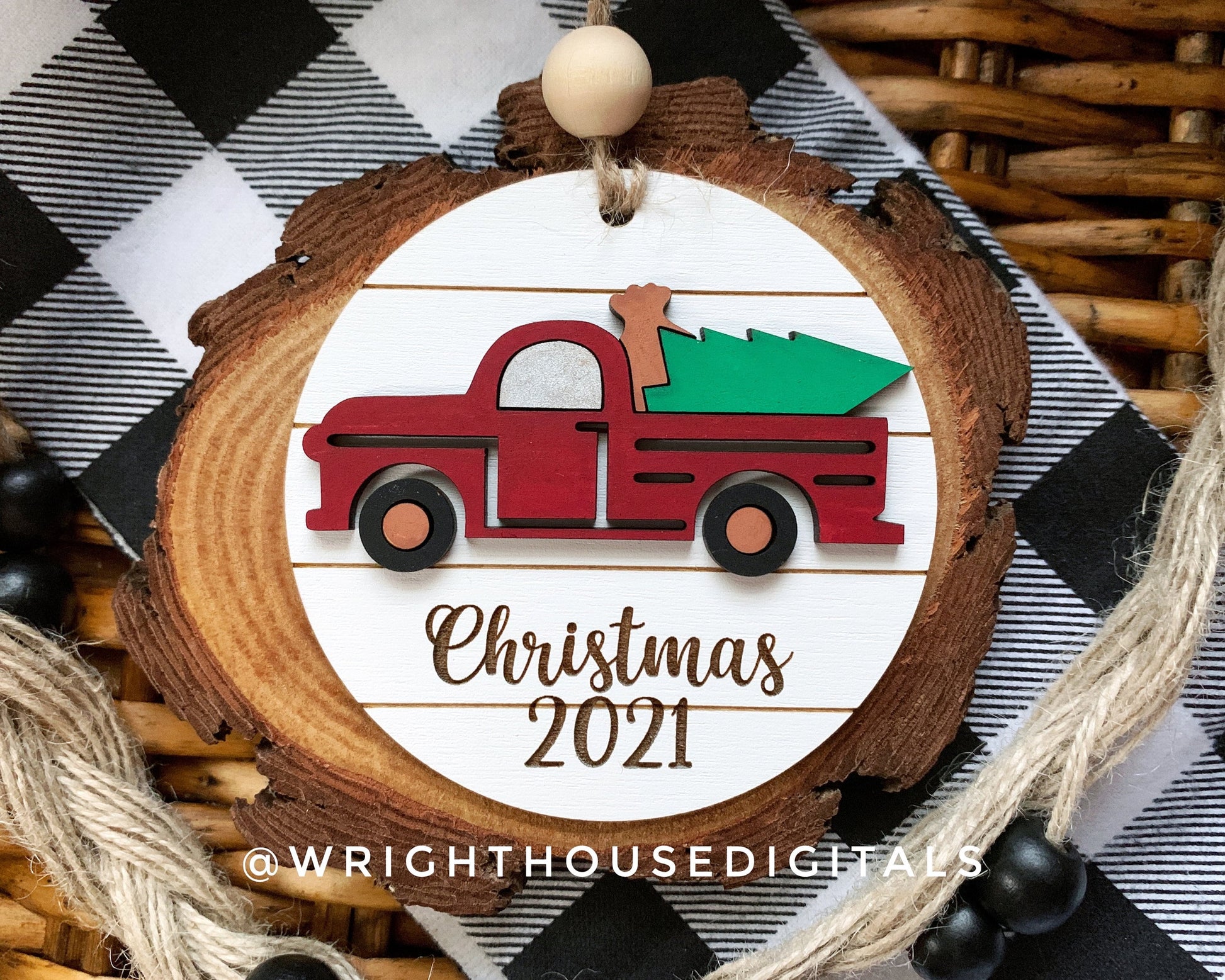 Holiday Icons Vintage Truck and Holly Wreath - Modern Farmhouse Mini Ornament Set - Personalizable Cut File For Glowforge - Digital SVG File