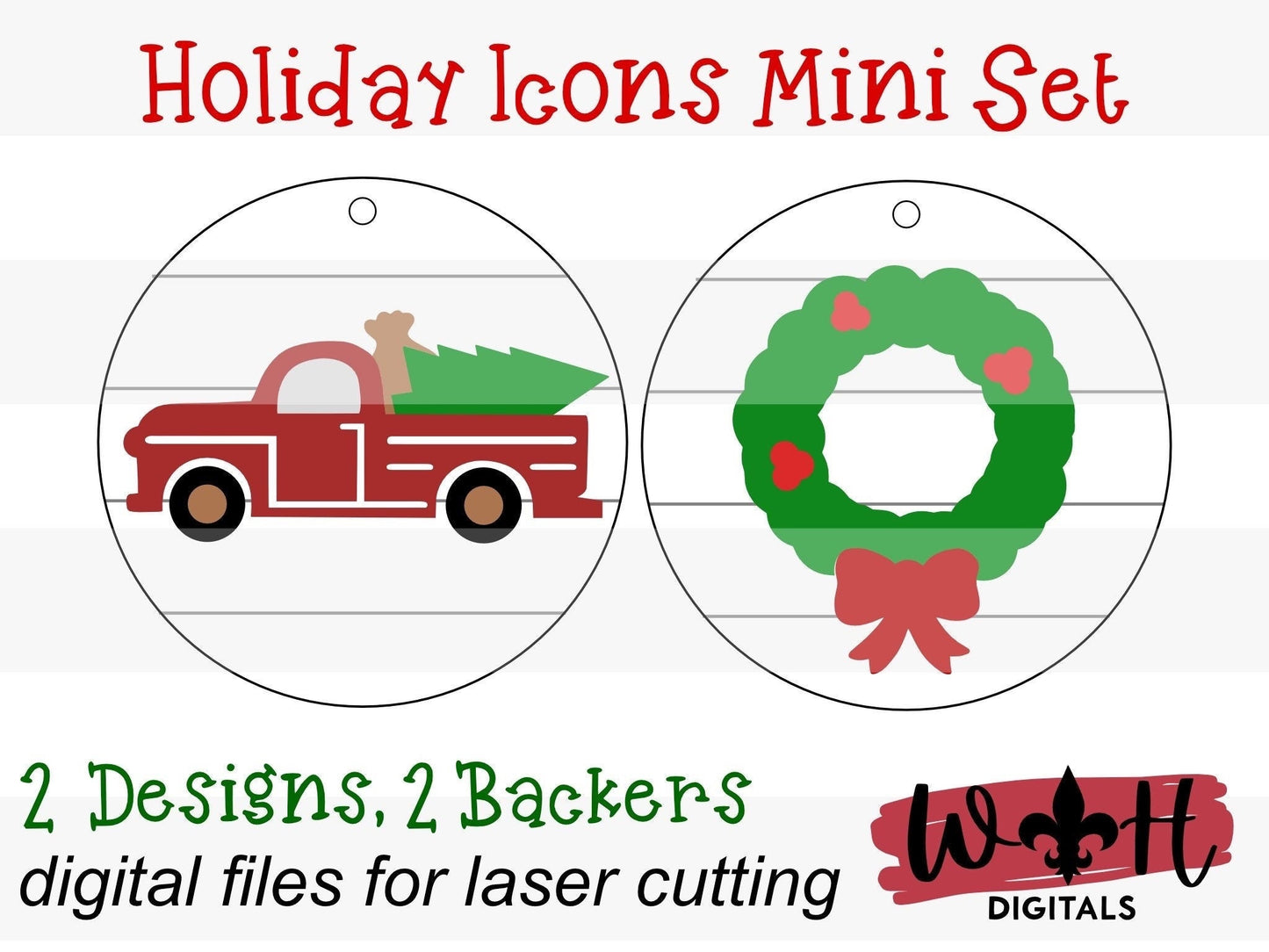 Holiday Icons Vintage Truck and Holly Wreath - Modern Farmhouse Mini Ornament Set - Personalizable Cut File For Glowforge - Digital SVG File