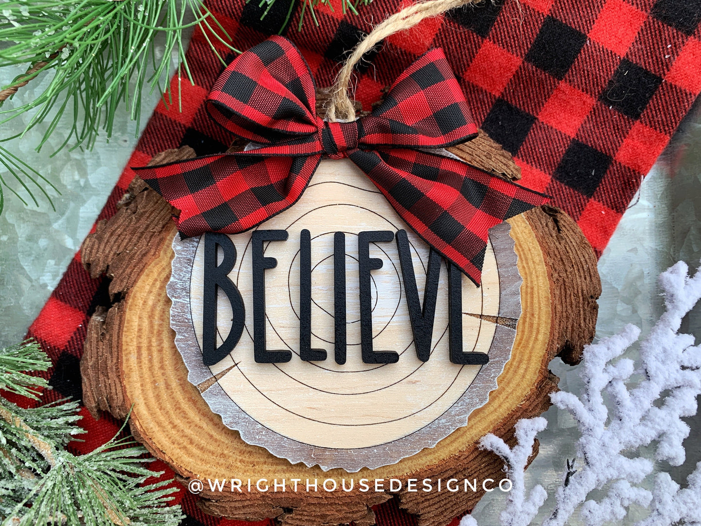 Rustic Farmhouse Wood Slice Ornaments - Buffalo Plaid Christmas Decor - Tree Cookies - Wooden Stocking Tags - Seasonal Tiered Tray Decor