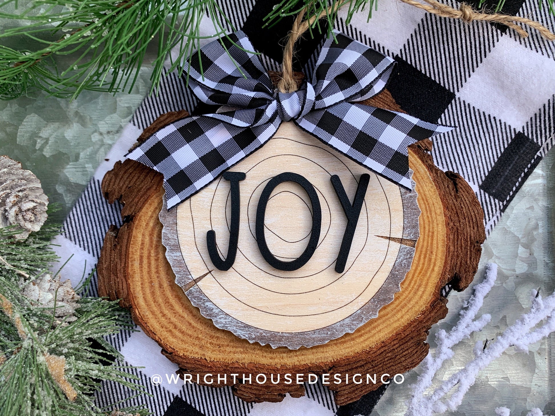 Rustic Farmhouse Wood Slice Ornaments - Buffalo Plaid Christmas Decor - Tree Cookies - Wooden Stocking Tags - Seasonal Tiered Tray Decor