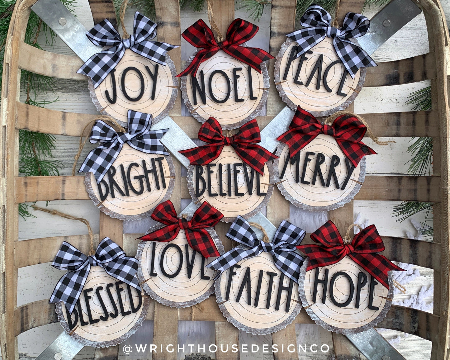 Rustic Farmhouse Wood Slice Ornaments - Buffalo Plaid Christmas Decor - Tree Cookies - Wooden Stocking Tags - Seasonal Tiered Tray Decor