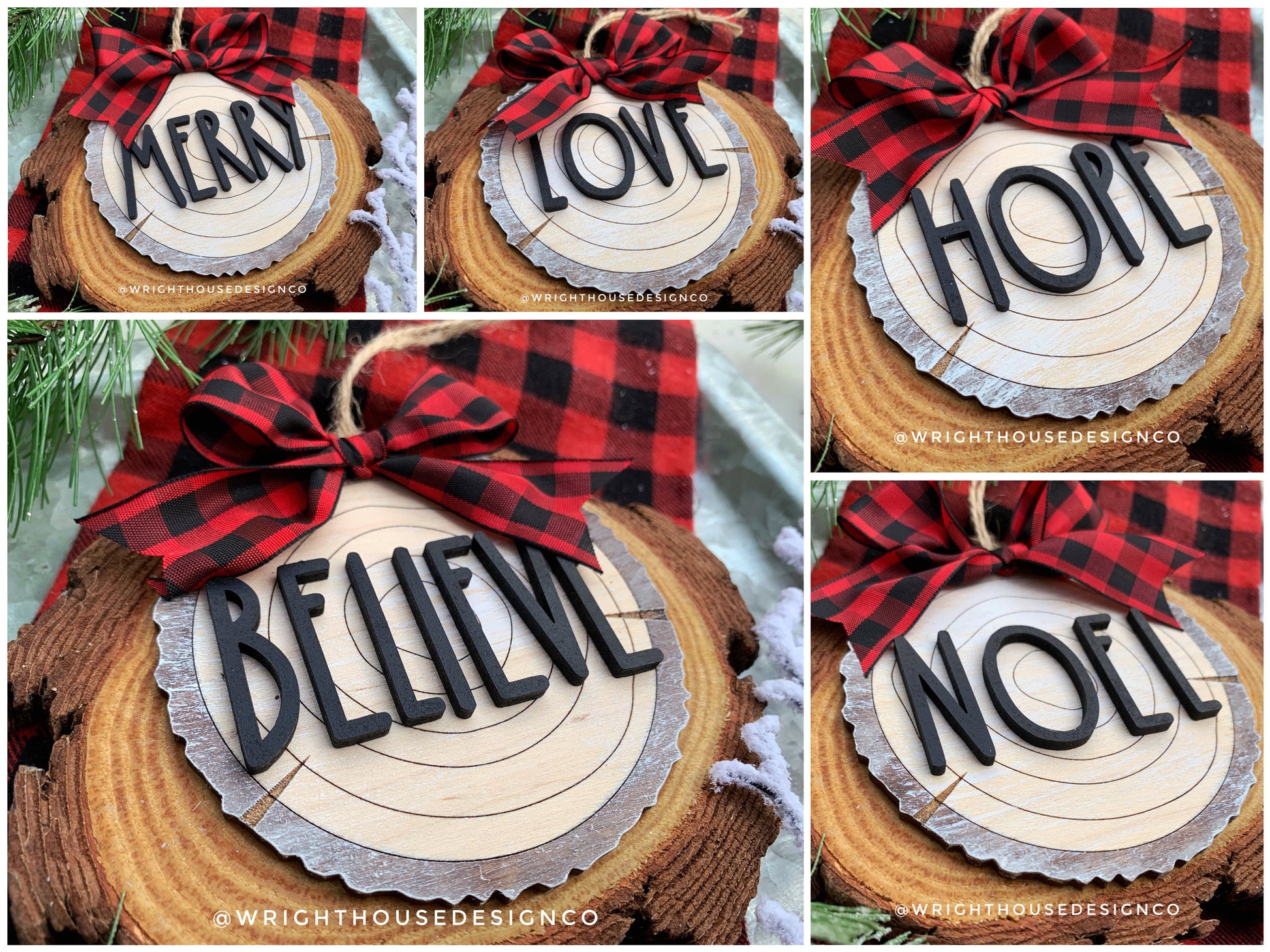 Rustic Farmhouse Wood Slice Ornaments - Buffalo Plaid Christmas Decor - Tree Cookies - Wooden Stocking Tags - Seasonal Tiered Tray Decor