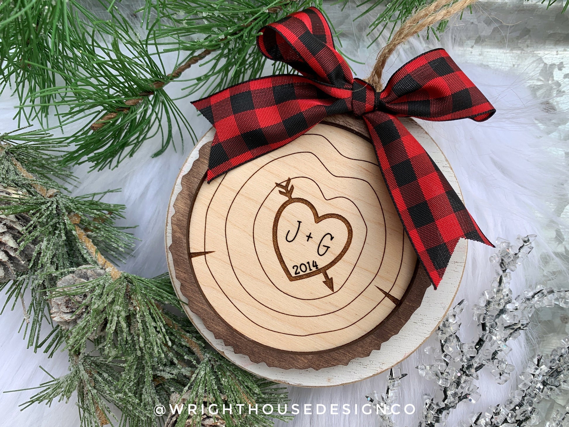 Couples Carved Initials - Wood Slice Ornaments - Rustic Farmhouse Christmas Decor - Tree Cookies - Buffalo Plaid Bows - Wooden Stocking Tags