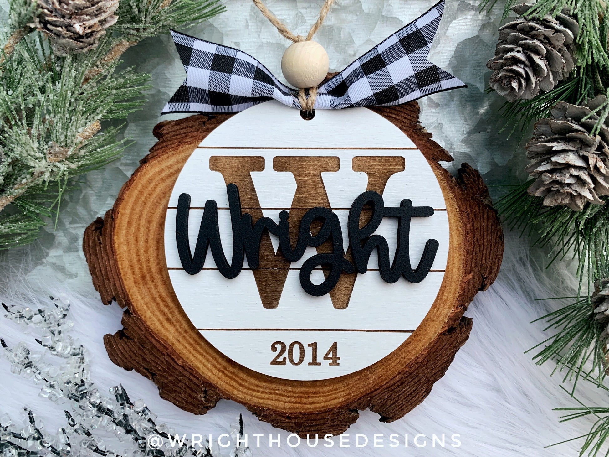 Personalized Family Name and Initial Monogram - Farmhouse Christmas Tree Ornament - Shiplap Stocking Tag - Yearly Holiday Gift for Couples