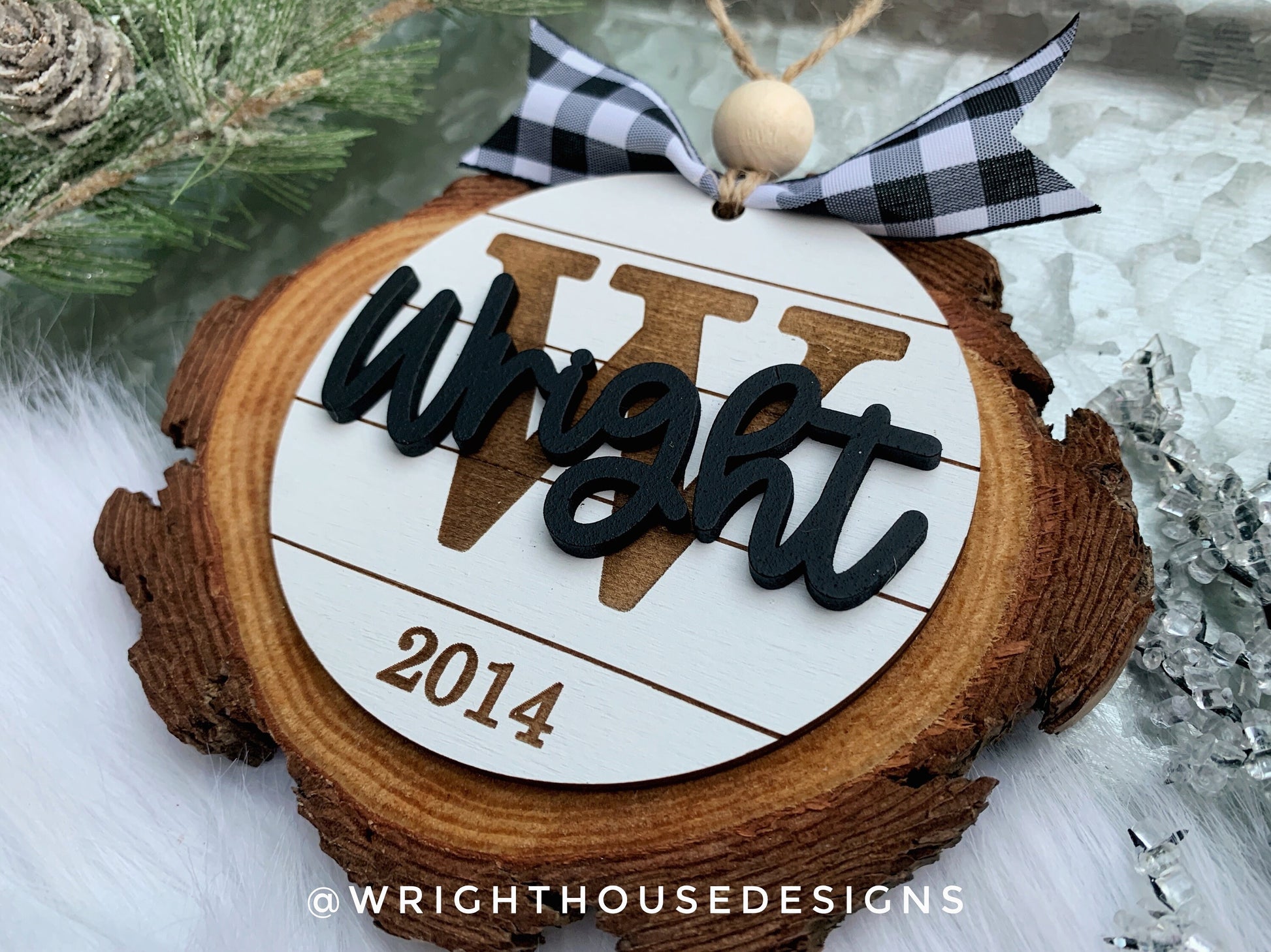 Personalized Family Name and Initial Monogram - Farmhouse Christmas Tree Ornament - Shiplap Stocking Tag - Yearly Holiday Gift for Couples