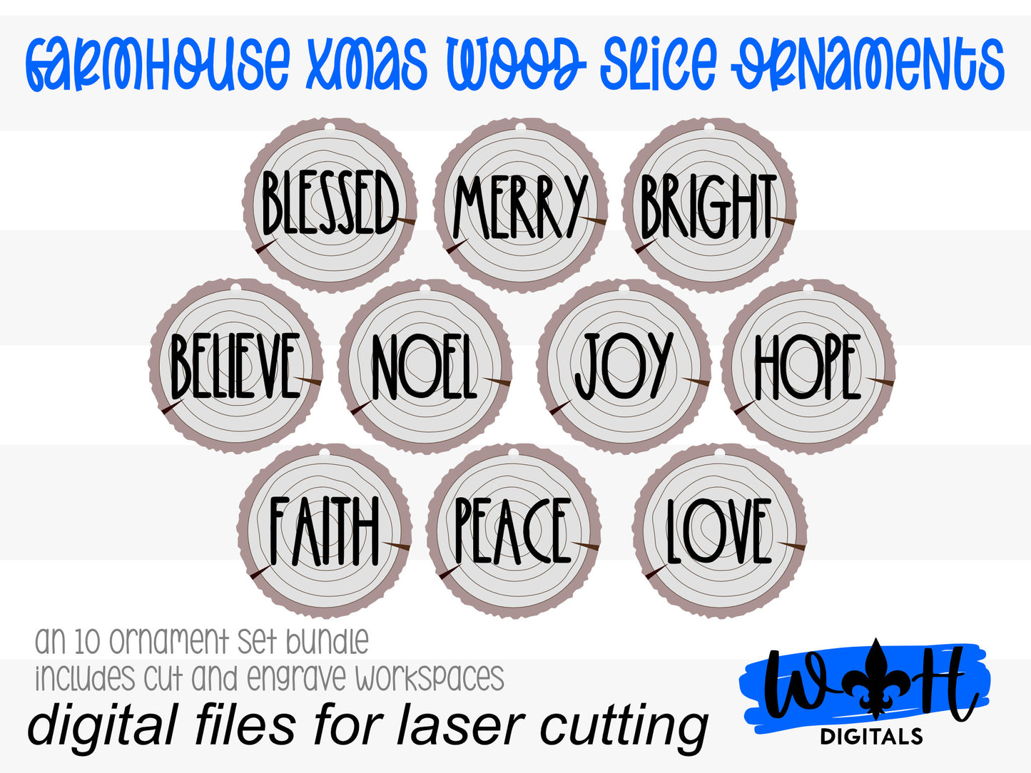Dunn Rustic Farmhouse Christmas Wood Slice Ornament Bundle - Quick Cut and Score - Cut File For Glowforge Lasers - Digital SVG File