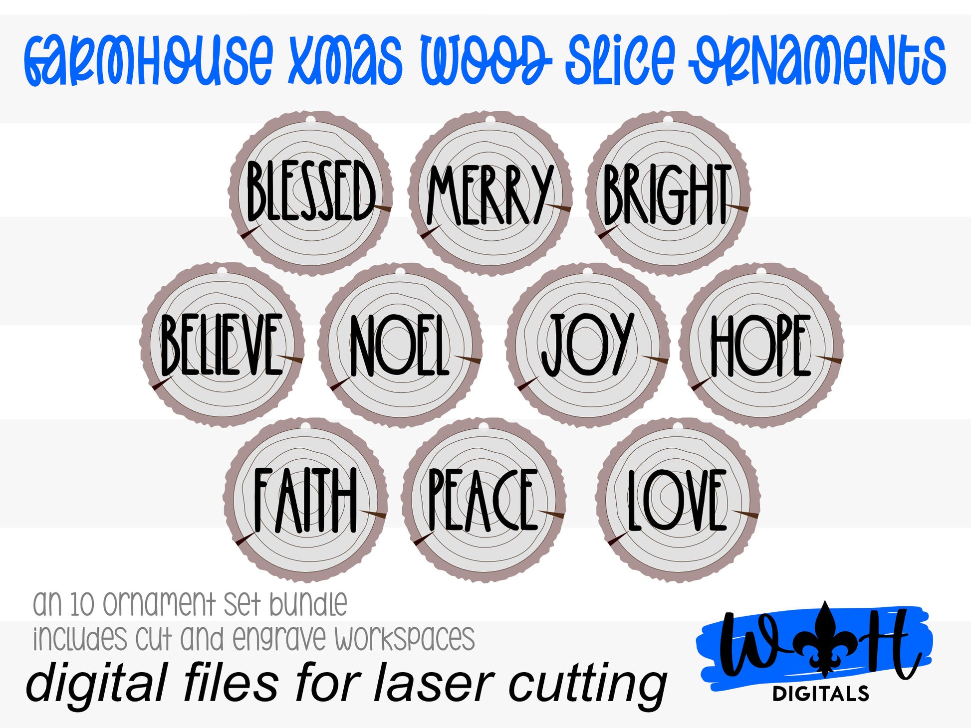 Dunn Rustic Farmhouse Christmas Wood Slice Ornament Bundle - Quick Cut and Score - Cut File For Glowforge Lasers - Digital SVG File