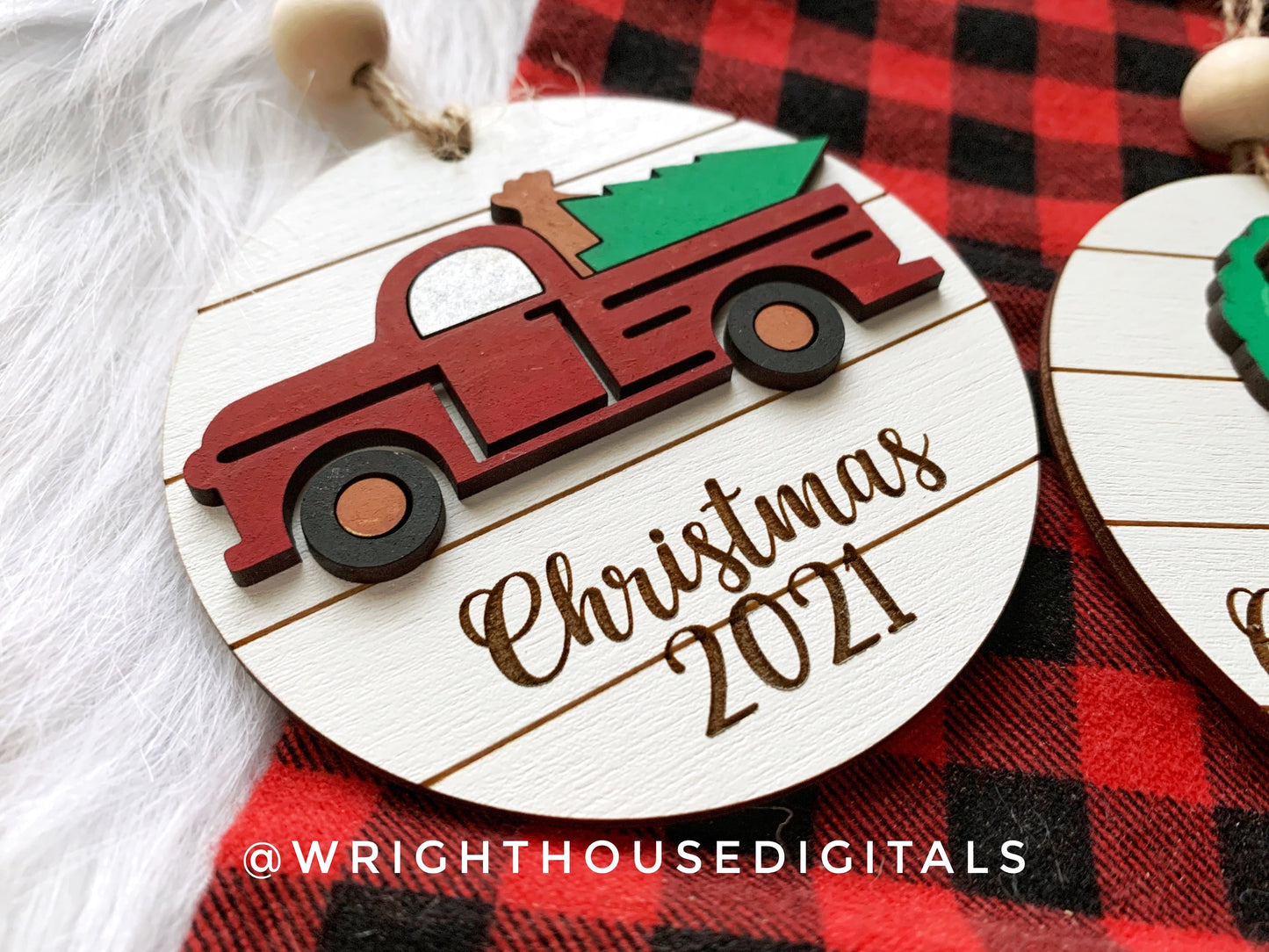 Holiday Icons Vintage Truck and Holly Wreath - Modern Farmhouse Mini Ornament Set - Personalizable Cut File For Glowforge - Digital SVG File