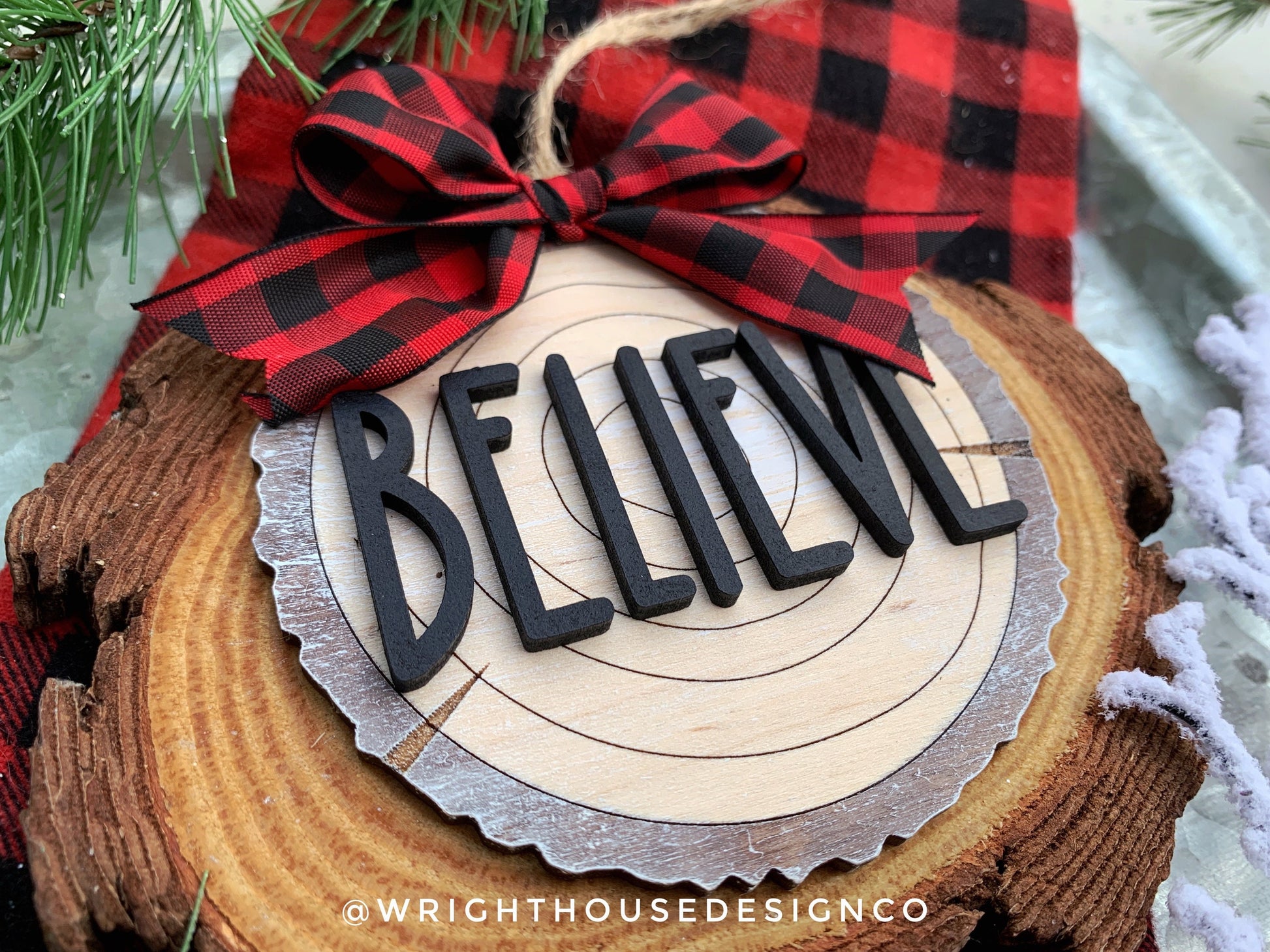 Rustic Farmhouse Wood Slice Ornaments - Buffalo Plaid Christmas Decor - Tree Cookies - Wooden Stocking Tags - Seasonal Tiered Tray Decor