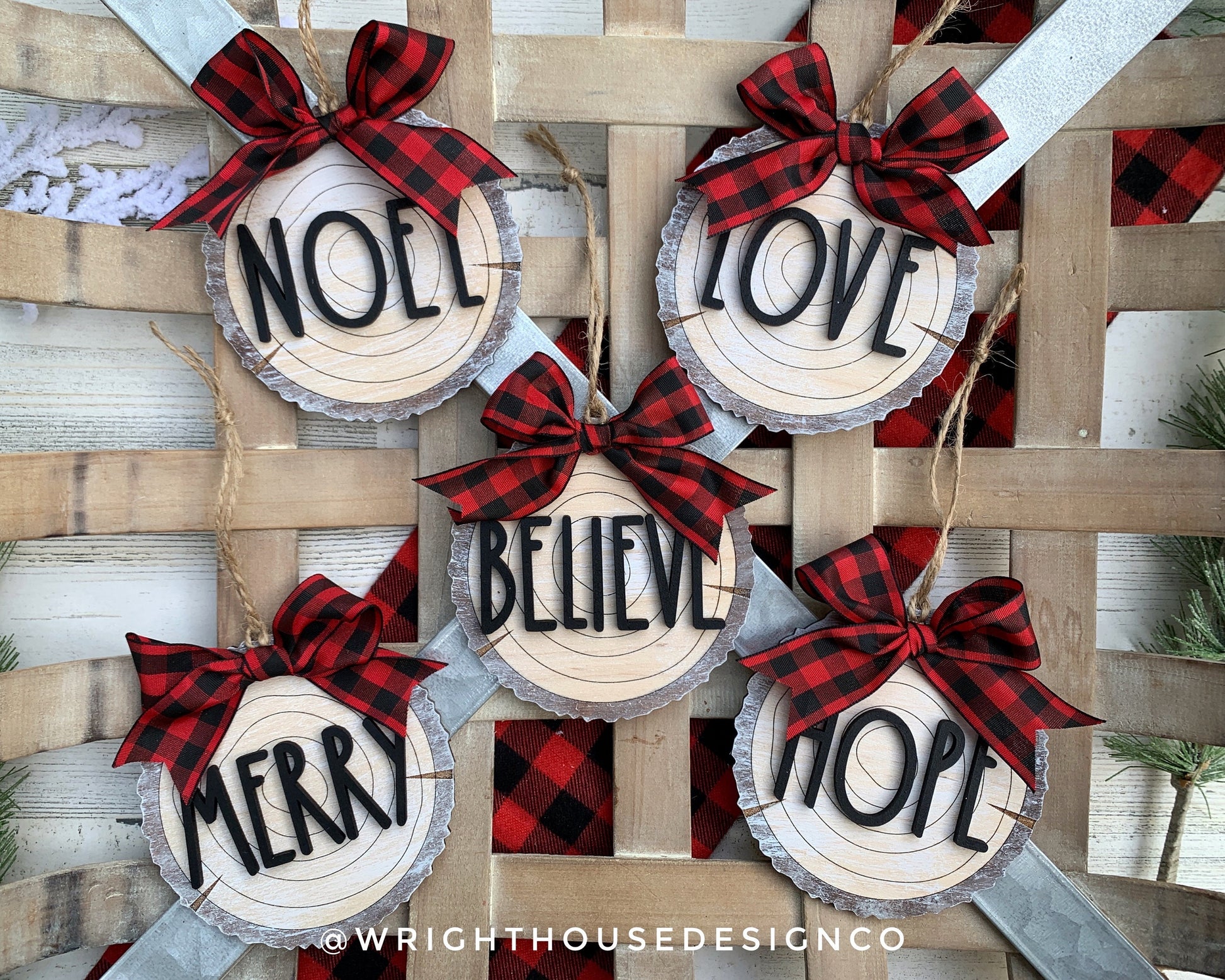 Rustic Farmhouse Wood Slice Ornaments - Buffalo Plaid Christmas Decor - Tree Cookies - Wooden Stocking Tags - Seasonal Tiered Tray Decor