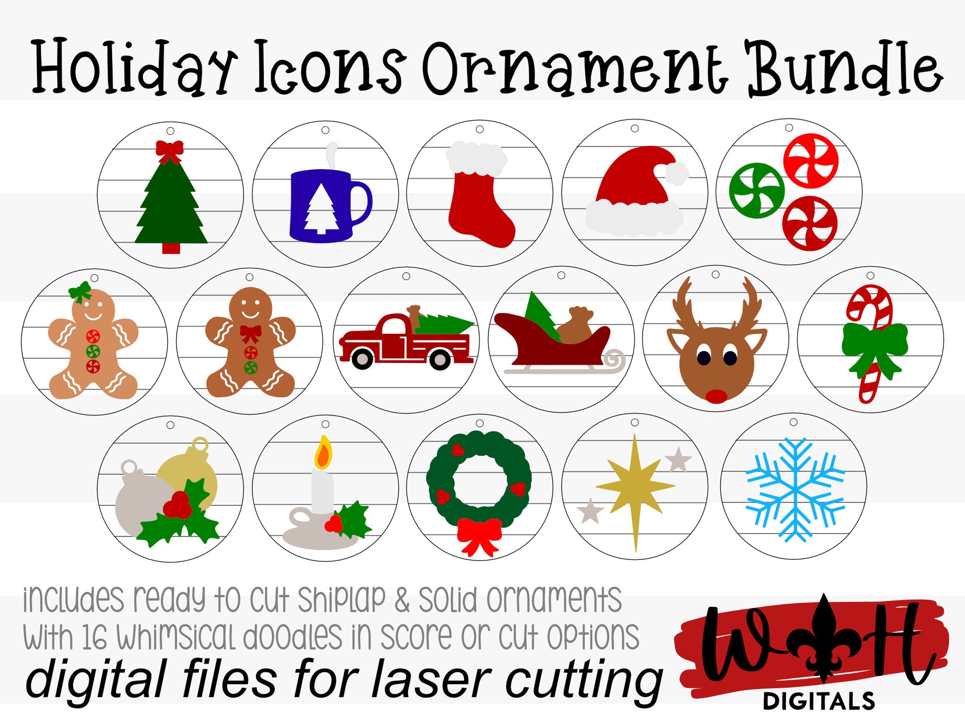 Holiday Icons Ornament Bundle - Personalizable Modern Farmhouse Christmas Ornaments - Cut File For Glowforge Lasers - Digital SVG File