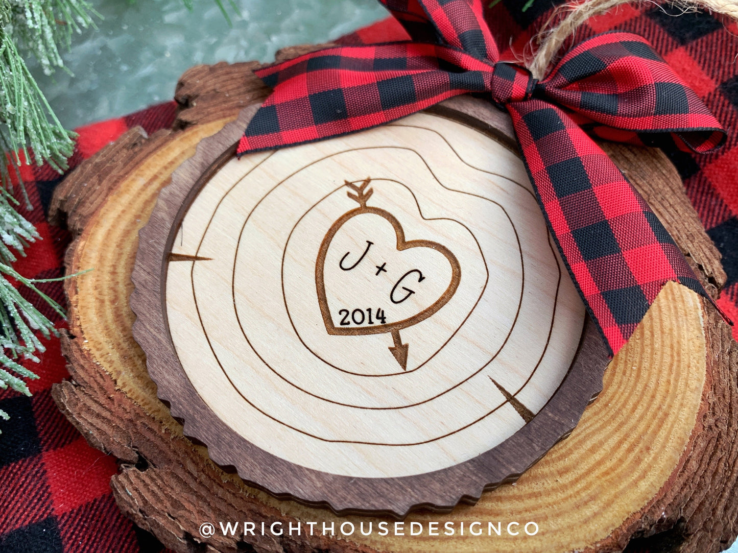 Couples Carved Initials - Wood Slice Ornaments - Rustic Farmhouse Christmas Decor - Tree Cookies - Buffalo Plaid Bows - Wooden Stocking Tags