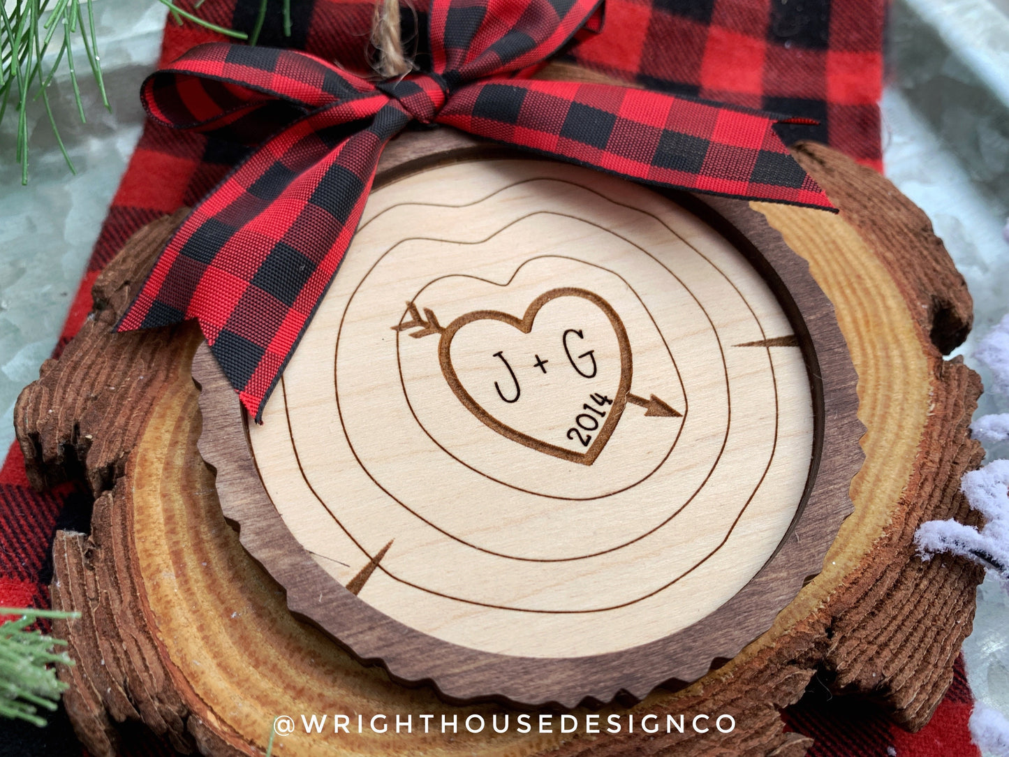 Couples Carved Initials - Wood Slice Ornaments - Rustic Farmhouse Christmas Decor - Tree Cookies - Buffalo Plaid Bows - Wooden Stocking Tags