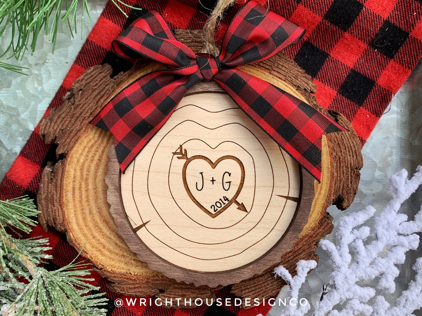 Couples Carved Initials - Wood Slice Ornaments - Rustic Farmhouse Christmas Decor - Tree Cookies - Buffalo Plaid Bows - Wooden Stocking Tags