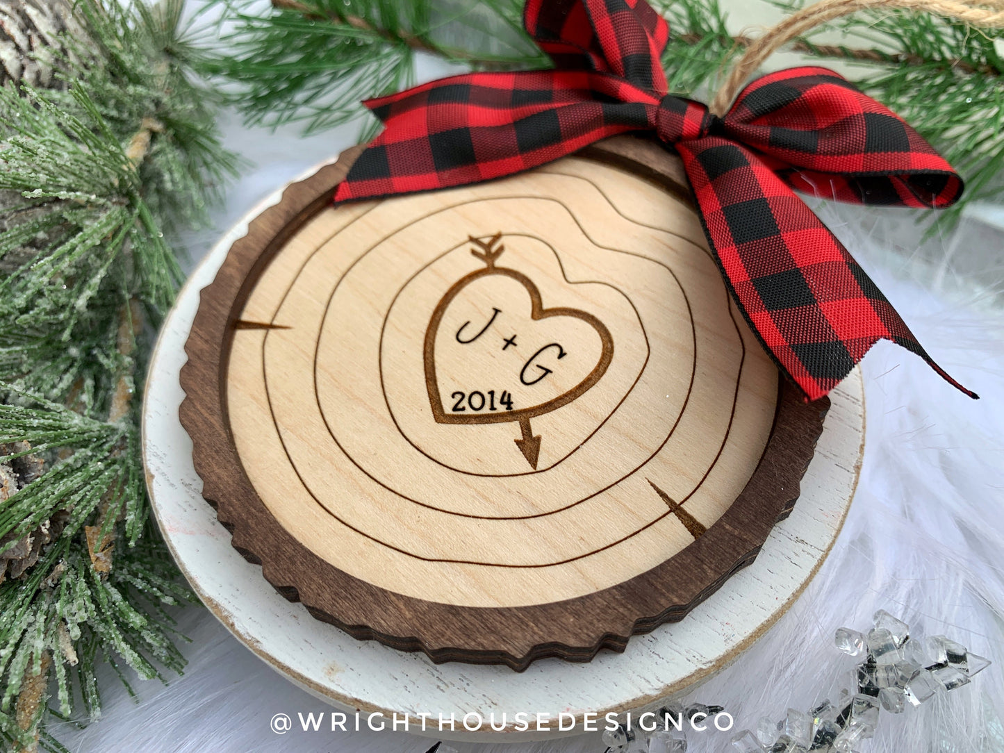 Couples Carved Initials - Wood Slice Ornaments - Rustic Farmhouse Christmas Decor - Tree Cookies - Buffalo Plaid Bows - Wooden Stocking Tags