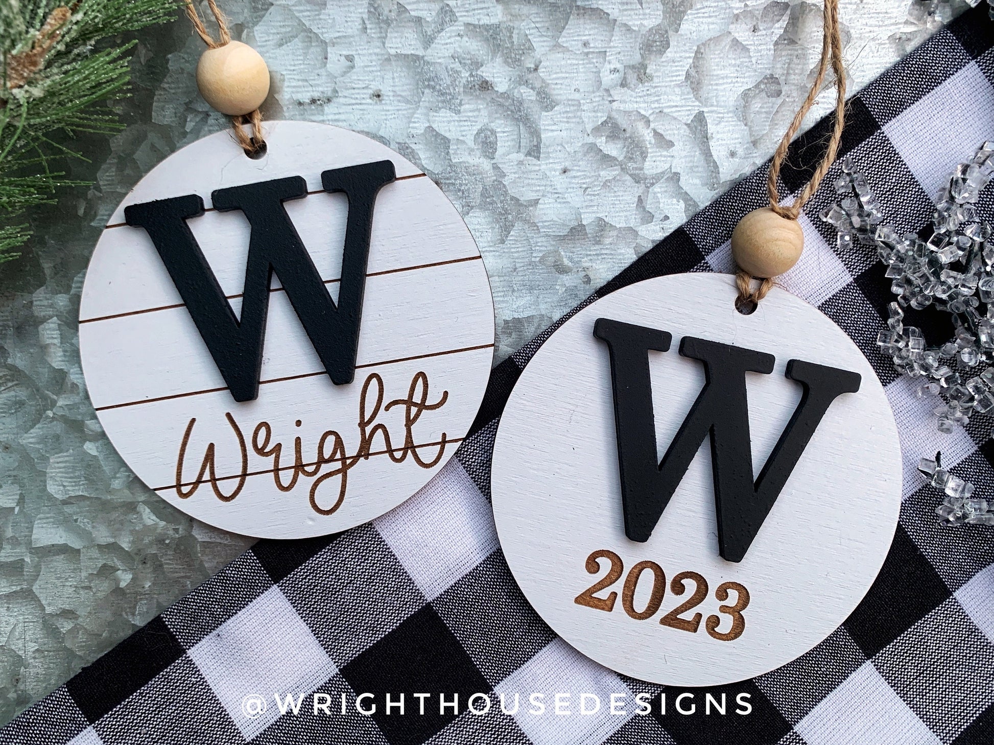 Personalized Initial and Year Christmas Ornaments - Engraved Personalizable Shiplap Ornaments - Cut File For Glowforge - Digital SVG File