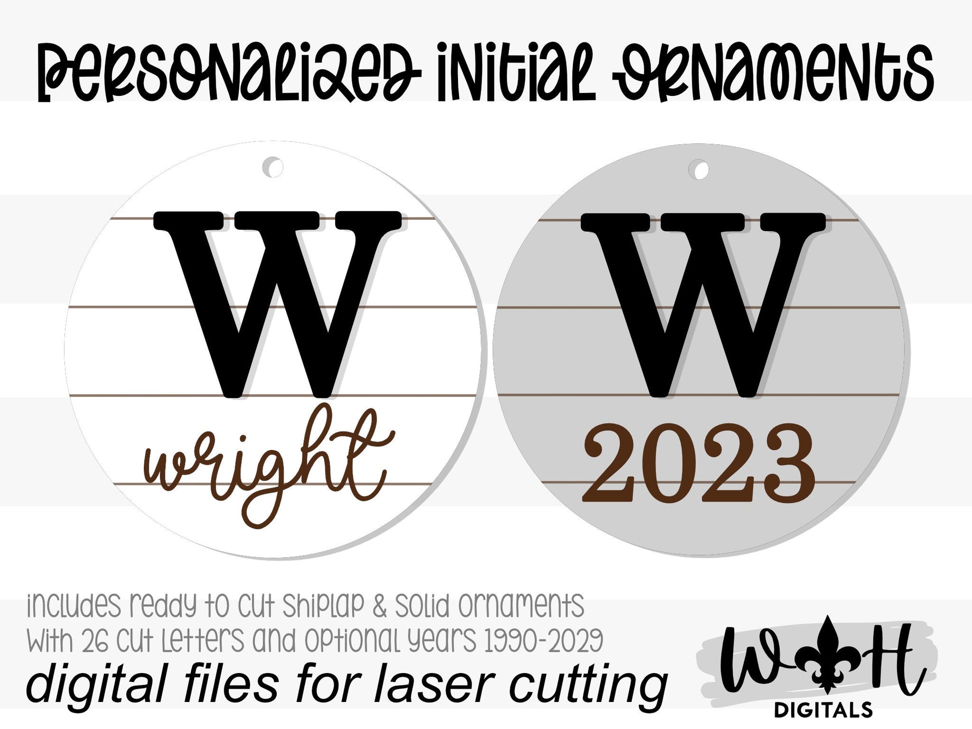 Personalized Initial and Year Christmas Ornaments - Engraved Personalizable Shiplap Ornaments - Cut File For Glowforge - Digital SVG File