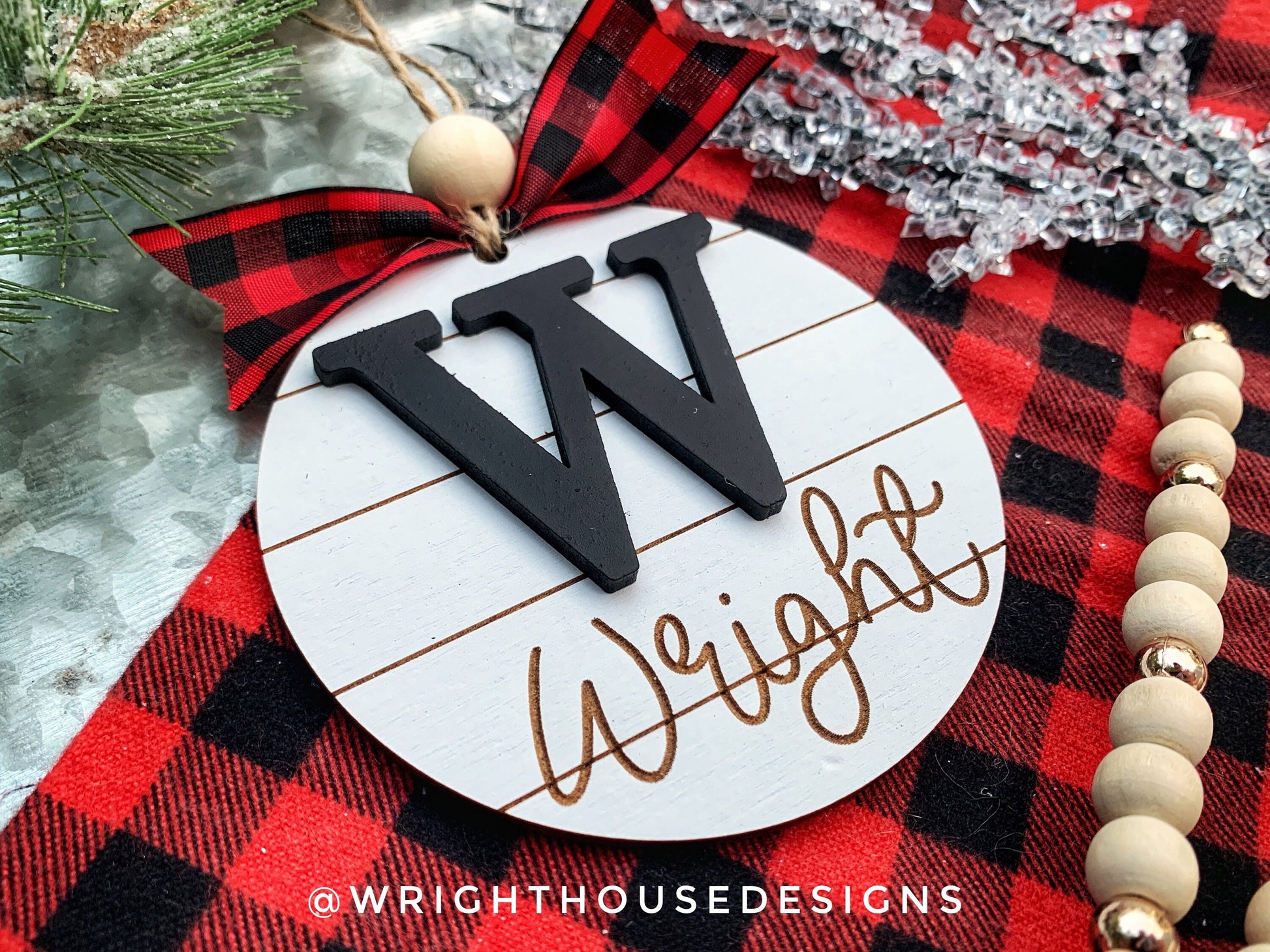 Engraved Family Name and Initial - Farmhouse Christmas Tree Ornament - Shiplap Stocking Tag - First Christmas - Holiday Gift for Couples