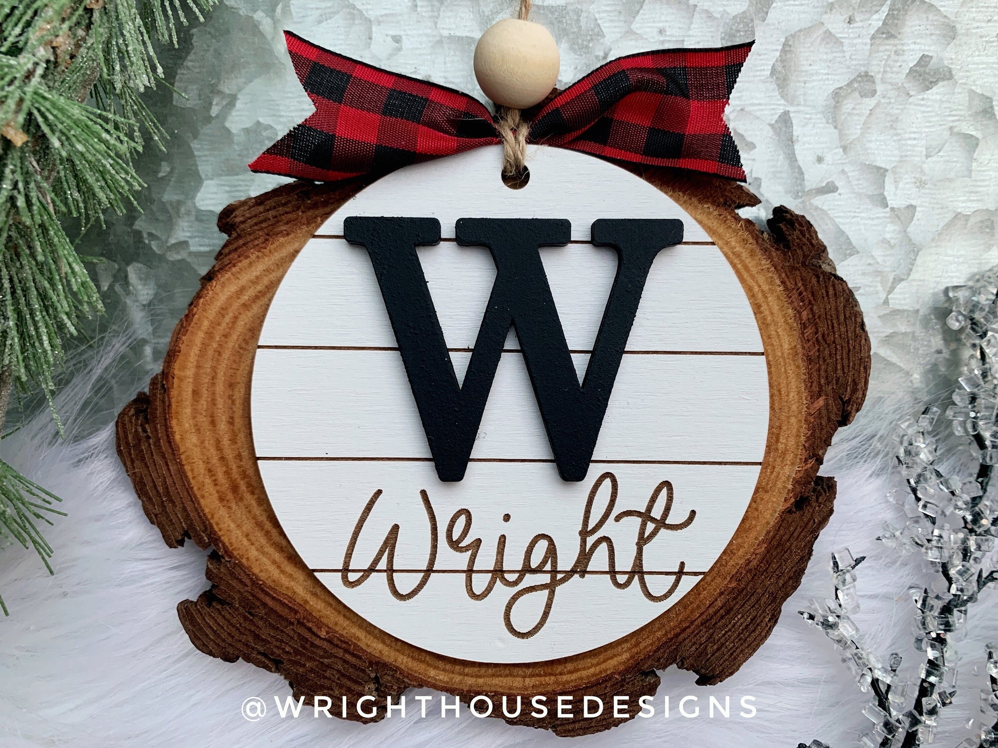 Engraved Family Name and Initial - Farmhouse Christmas Tree Ornament - Shiplap Stocking Tag - First Christmas - Holiday Gift for Couples