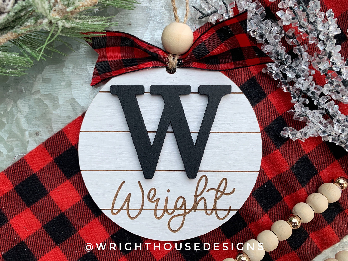 Engraved Family Name and Initial - Farmhouse Christmas Tree Ornament - Shiplap Stocking Tag - First Christmas - Holiday Gift for Couples