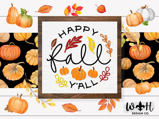 Happy Fall Y’all - Pumpkin and Leaves - Coffee Bar Sign - Autumn Cottagecore Home and Kitchen Decor - Console Table Decor - Wooden Wall Art