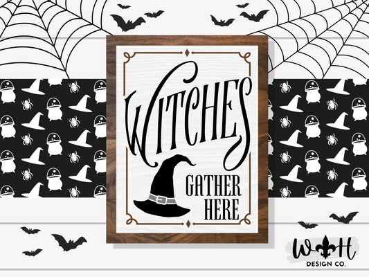 Witches Gather Here - Witchy Wall Sign - Halloween Coffee Bar Sign - Dark Academia Mantel Decor - Cottagecore Home Decor - Gothic Wall Art