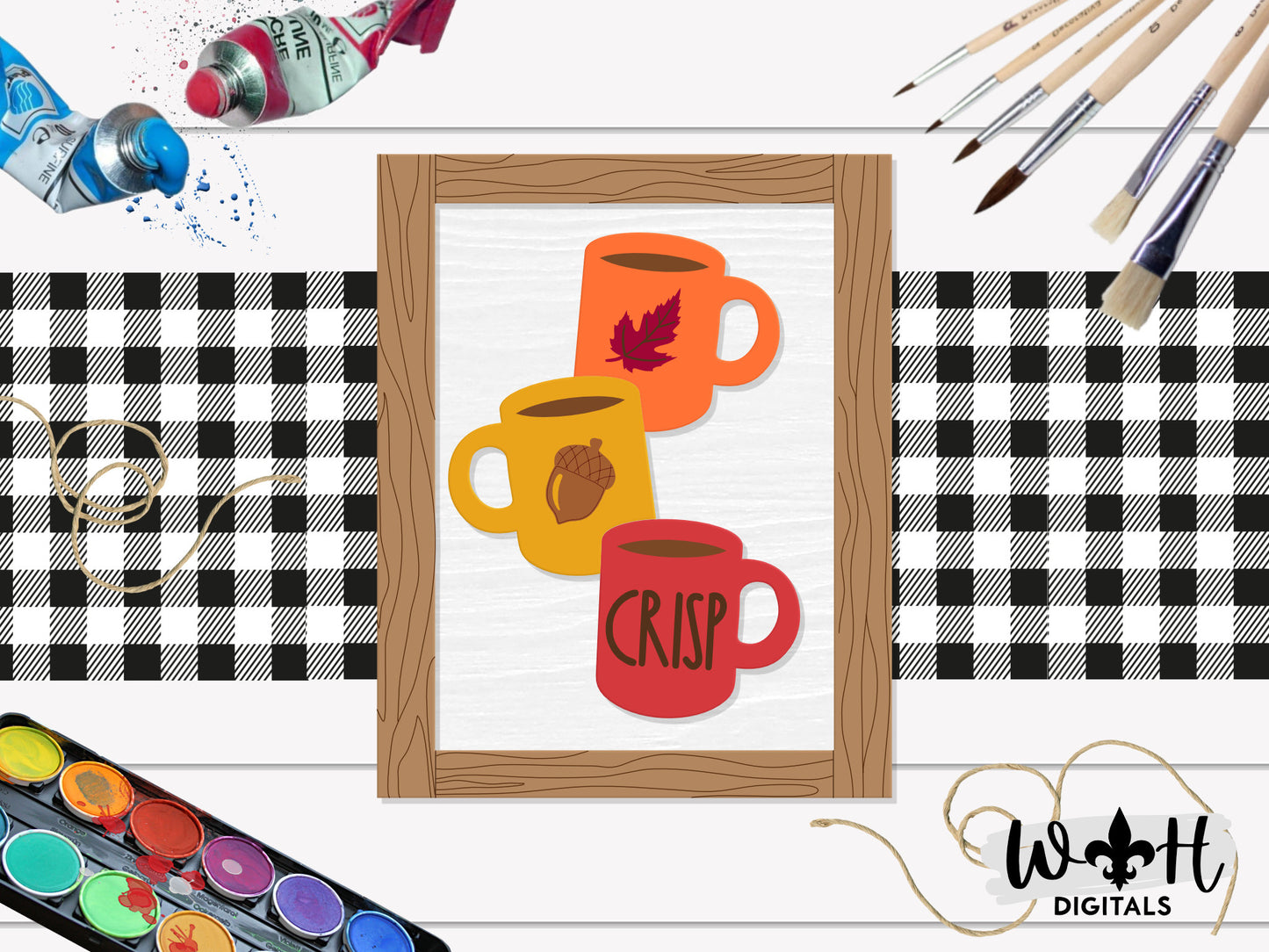 Crisp Stacked Coffee Mugs Farmhouse Frame Sign - Autumn Tiered Tray Decor and DIY Kits - Cut File For Glowforge Lasers - Digital SVG File