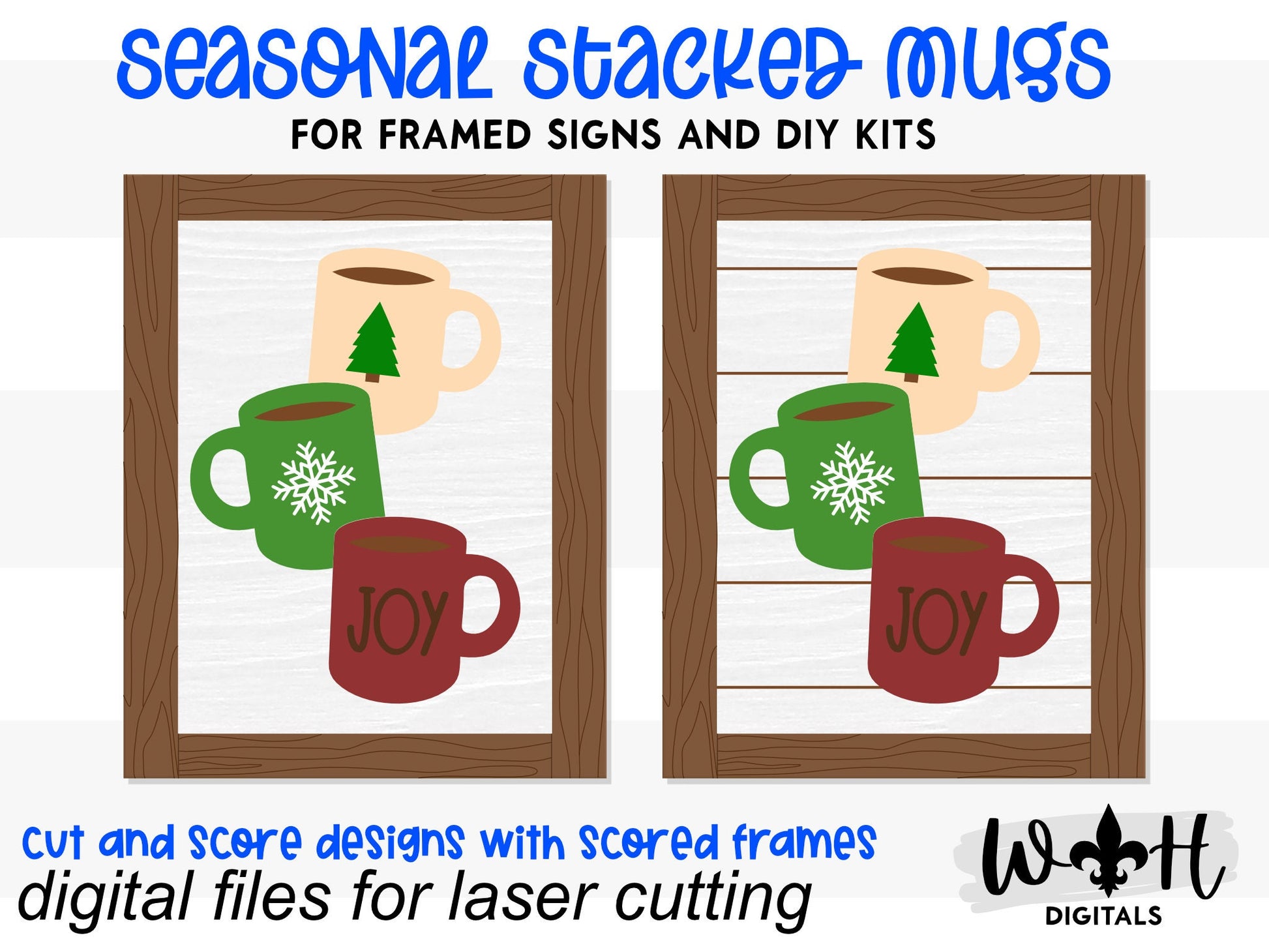 Joy Stacked Coffee Mugs Farmhouse Frame Sign - Christmas Tiered Tray Decor and DIY Kits - Cut File For Glowforge Lasers - Digital SVG File