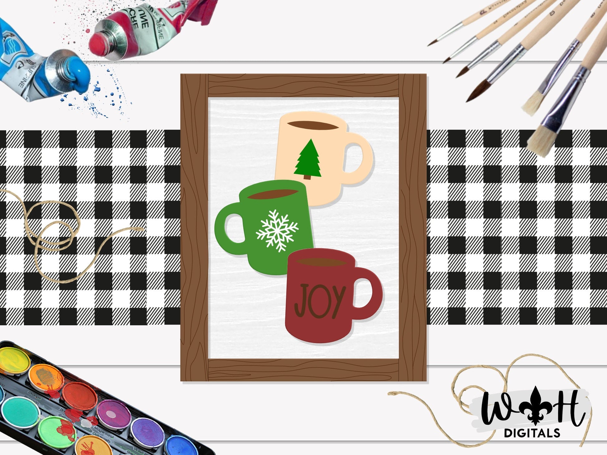 Joy Stacked Coffee Mugs Farmhouse Frame Sign - Christmas Tiered Tray Decor and DIY Kits - Cut File For Glowforge Lasers - Digital SVG File