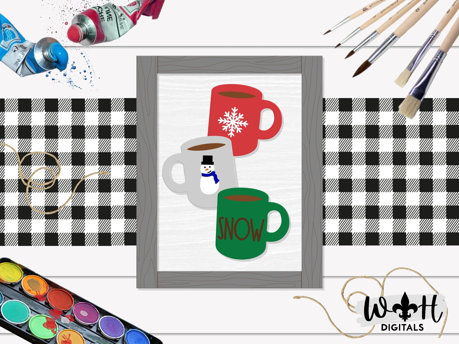 Snow Stacked Coffee Mugs Farmhouse Frame Sign - Winter Tiered Tray Decor and DIY Kits - Cut File For Glowforge Lasers - Digital SVG File
