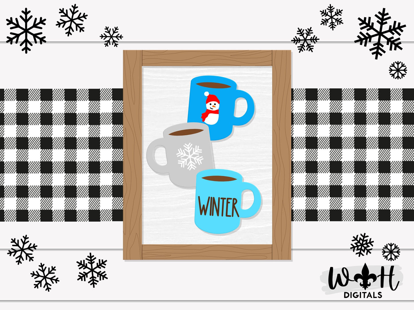 Winter Stacked Coffee Mugs Farmhouse Frame Sign - Seasonal Tiered Tray Decor and DIY Kits - Cut File For Glowforge Lasers - Digital SVG File