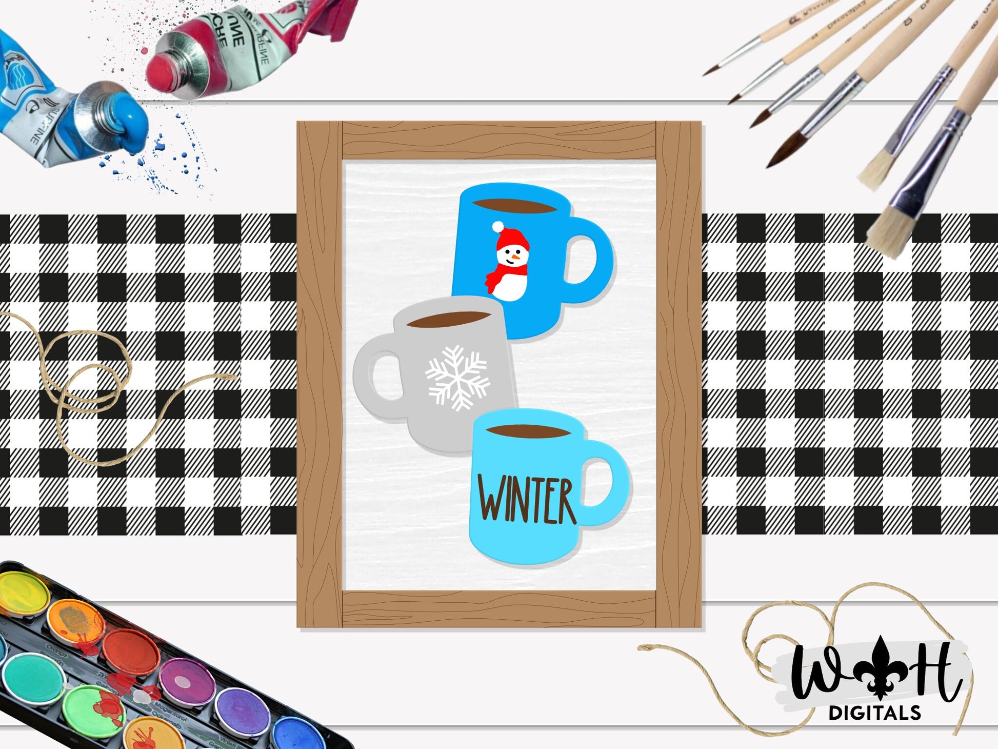 Winter Stacked Coffee Mugs Farmhouse Frame Sign - Seasonal Tiered Tray Decor and DIY Kits - Cut File For Glowforge Lasers - Digital SVG File