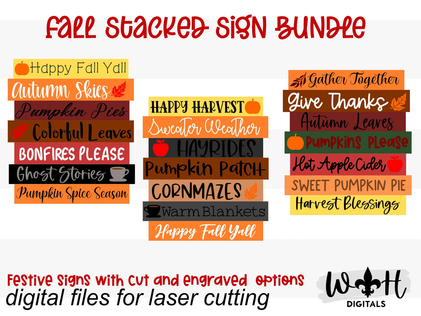 DIGITAL FILE - Fall Yall - Harvest - Thanksgiving - Bucket List Seasonal Stacked Sign Bundle - Laser Cut SVG Files For Glowforge C02 Lasers