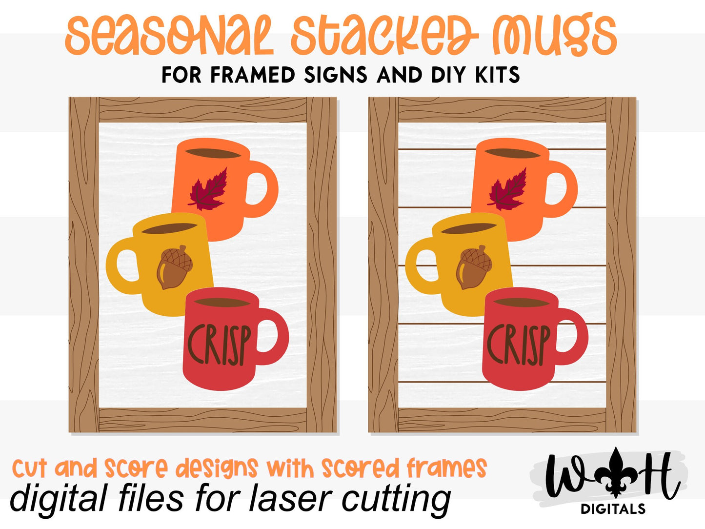 Crisp Stacked Coffee Mugs Farmhouse Frame Sign - Autumn Tiered Tray Decor and DIY Kits - Cut File For Glowforge Lasers - Digital SVG File