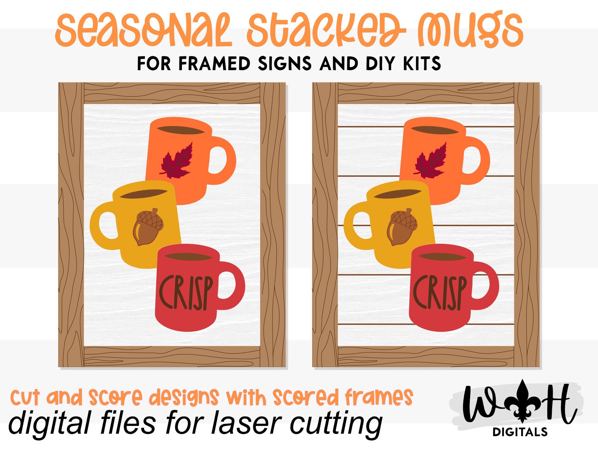 Crisp Stacked Coffee Mugs Farmhouse Frame Sign - Autumn Tiered Tray Decor and DIY Kits - Cut File For Glowforge Lasers - Digital SVG File