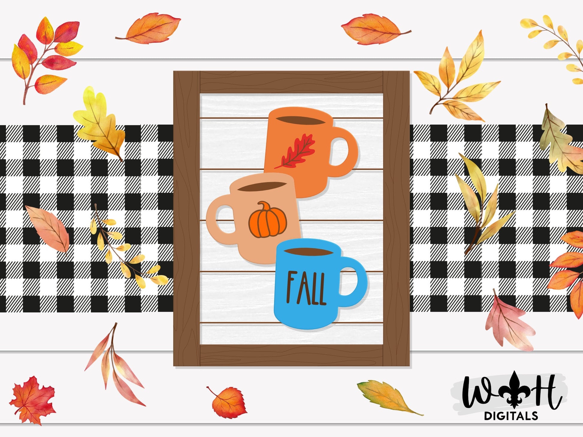 Fall Stacked Coffee Mugs Farmhouse Frame Sign - Autumn Tiered Tray Decor and DIY Kits - Cut File For Glowforge Lasers - Digital SVG File