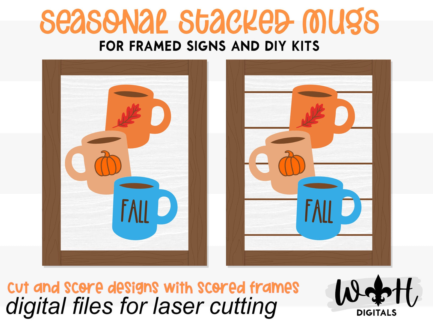 Fall Stacked Coffee Mugs Farmhouse Frame Sign - Autumn Tiered Tray Decor and DIY Kits - Cut File For Glowforge Lasers - Digital SVG File