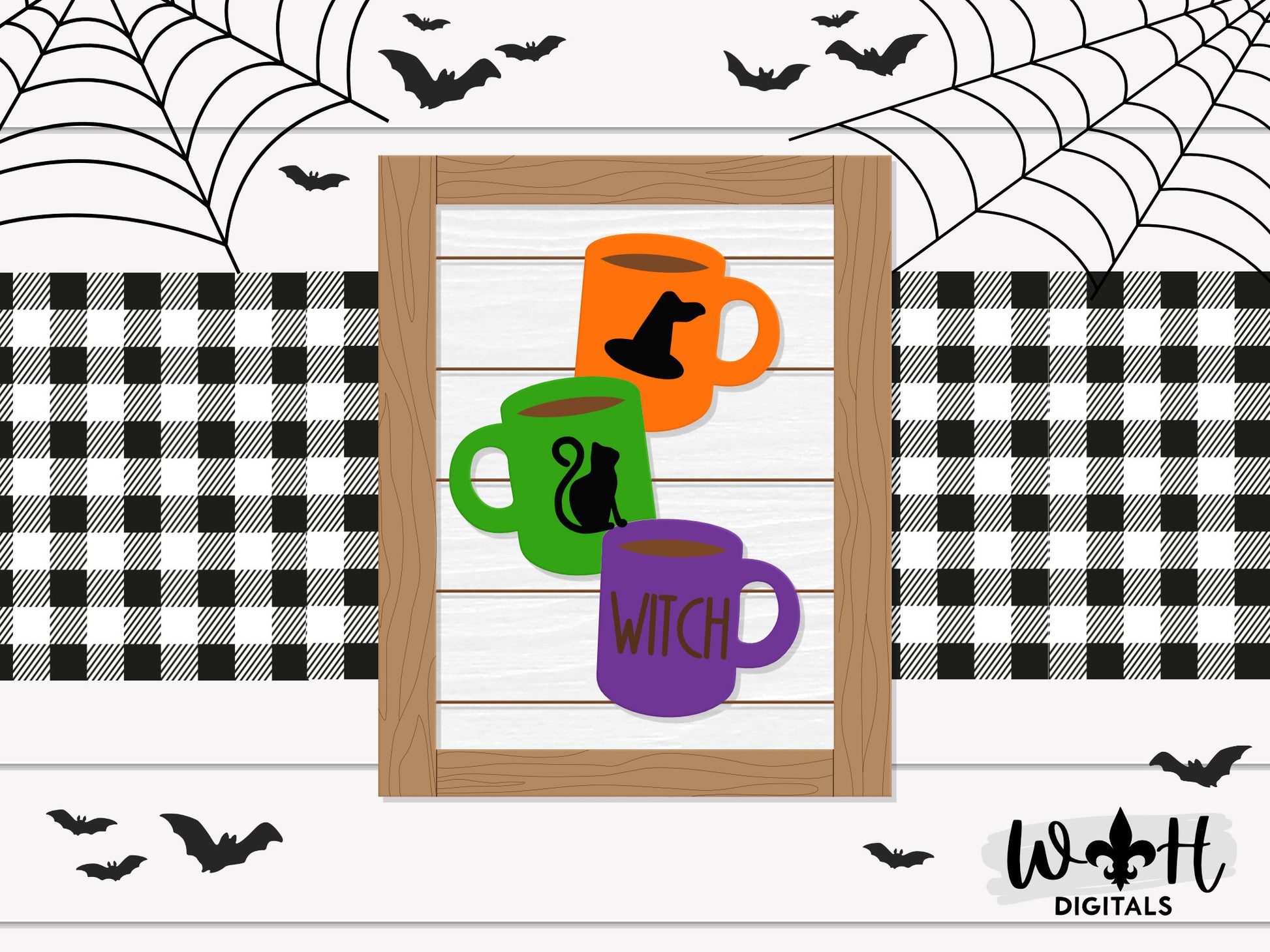 Witch Stacked Coffee Mugs Farmhouse Frame Sign - Halloween Tiered Tray Decor and DIY Kits - Cut File For Glowforge Lasers - Digital SVG File
