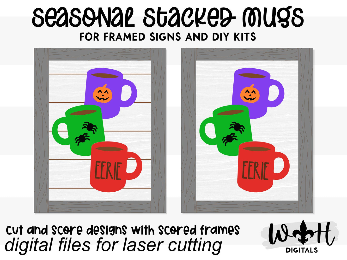 Eerie Stacked Coffee Mugs Farmhouse Frame Sign - Halloween Tiered Tray Decor and DIY Kits - Cut File For Glowforge Lasers - Digital SVG File