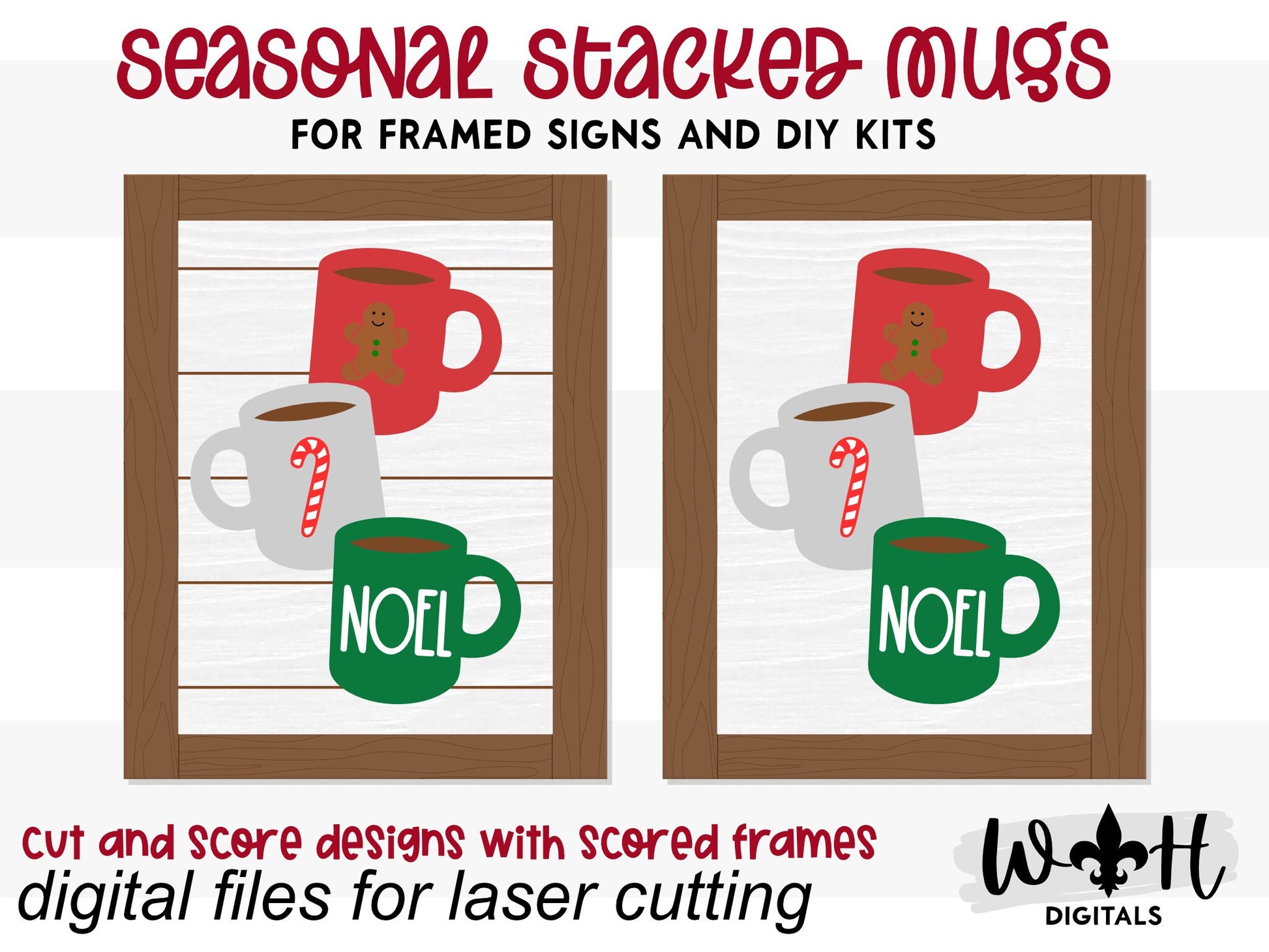 Noel Stacked Coffee Mugs Farmhouse Frame Sign - Christmas Tiered Tray Decor and DIY Kits - Cut File For Glowforge Lasers - Digital SVG File