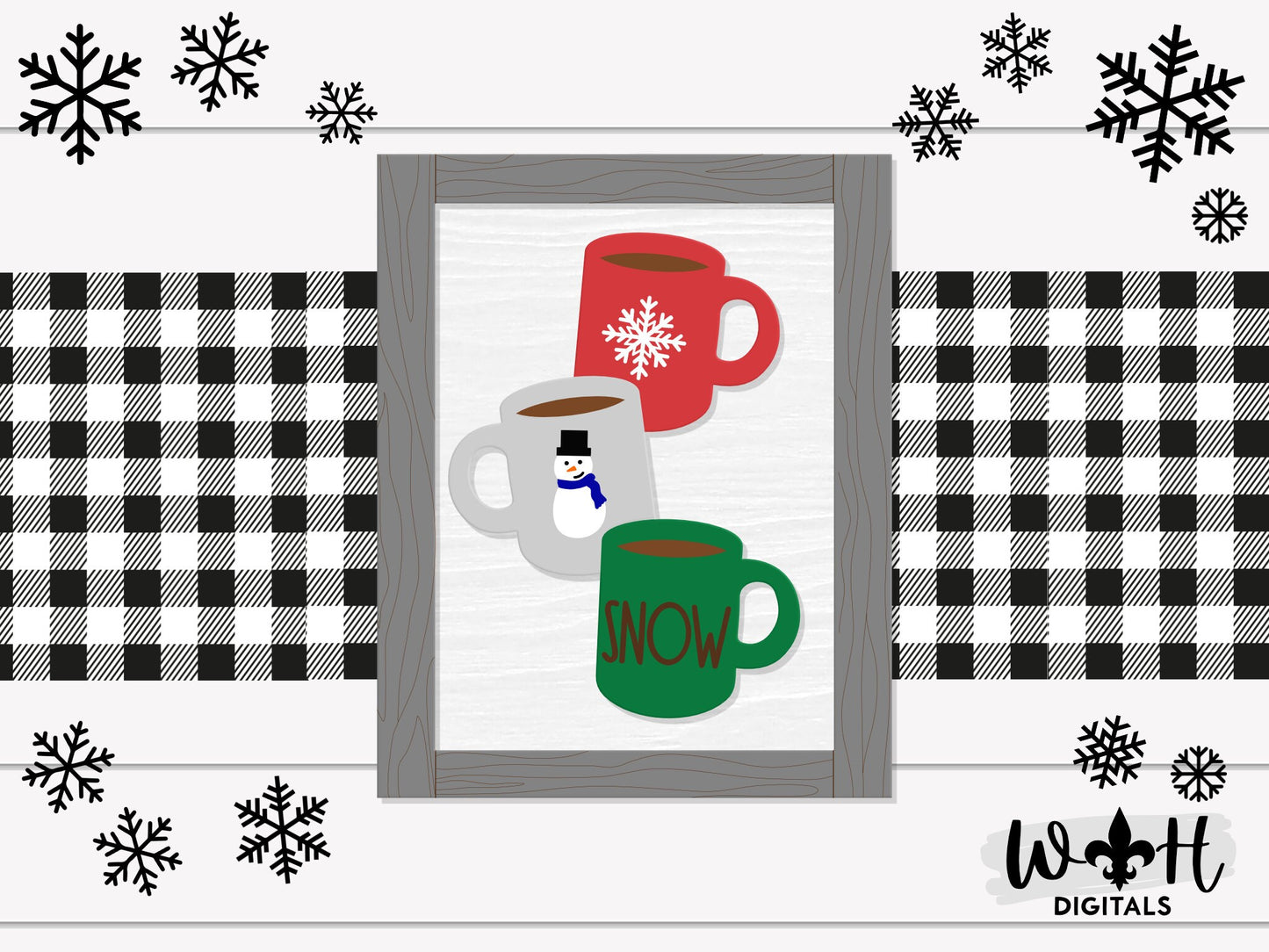 Snow Stacked Coffee Mugs Farmhouse Frame Sign - Winter Tiered Tray Decor and DIY Kits - Cut File For Glowforge Lasers - Digital SVG File