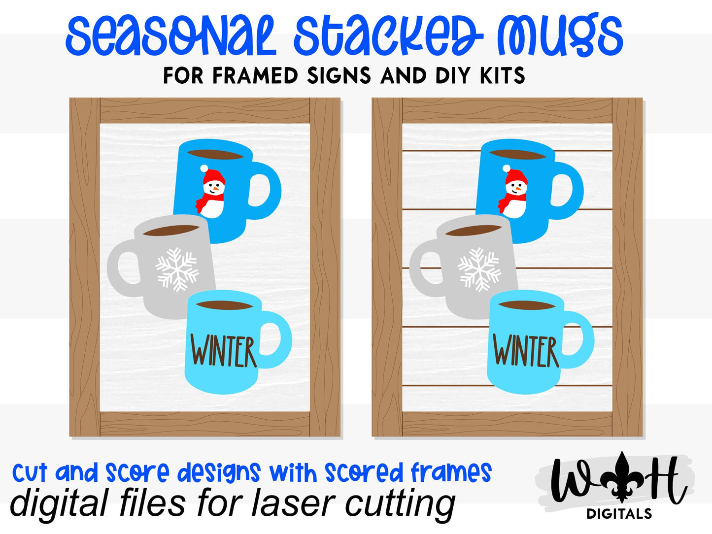 Winter Stacked Coffee Mugs Farmhouse Frame Sign - Seasonal Tiered Tray Decor and DIY Kits - Cut File For Glowforge Lasers - Digital SVG File