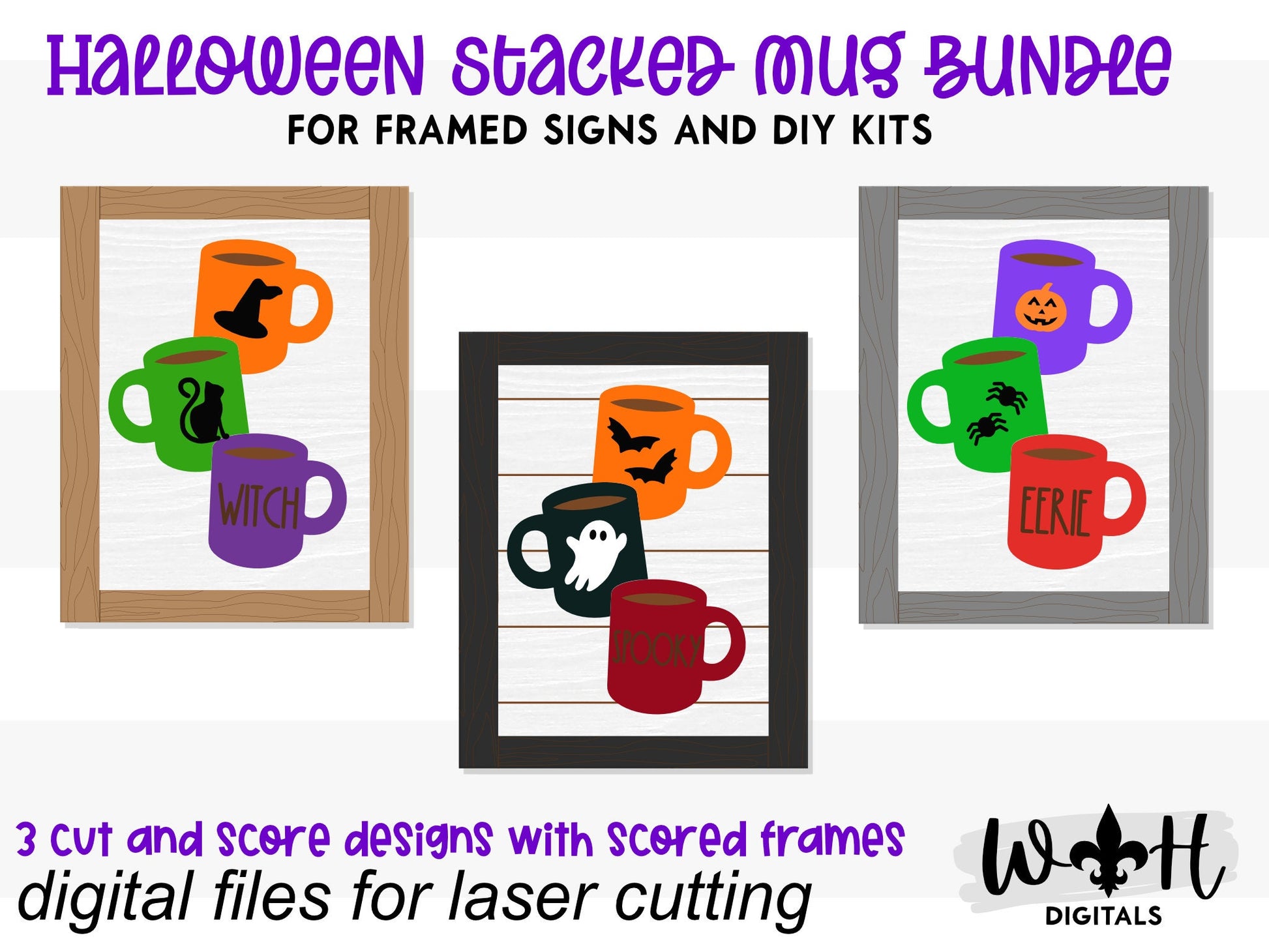 Halloween Stacked Coffee Mugs Farmhouse Frame Sign Bundle - Tiered Tray Decor and DIY Kits - Cut File For Glowforge Laser - Digital SVG File