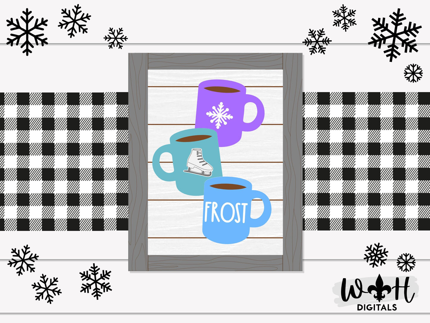 Winter Stacked Coffee Mugs Farmhouse Frame Sign Bundle - Tiered Tray Decor and DIY Kits - Cut File For Glowforge Lasers - Digital SVG File