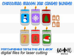 DIGITAL FILE - Christmas Mason Jar Candles - Interchangeable Tiered Tray Decor - SVG Digital Download - Laser Cut Files For Glowforge Lasers