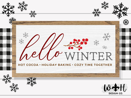 Hello Winter - Festive Yule Coffee Bar Sign - Seasonal Home and Kitchen Decor - Winter Cottagecore - Framed Wall Art - Holiday Decorations